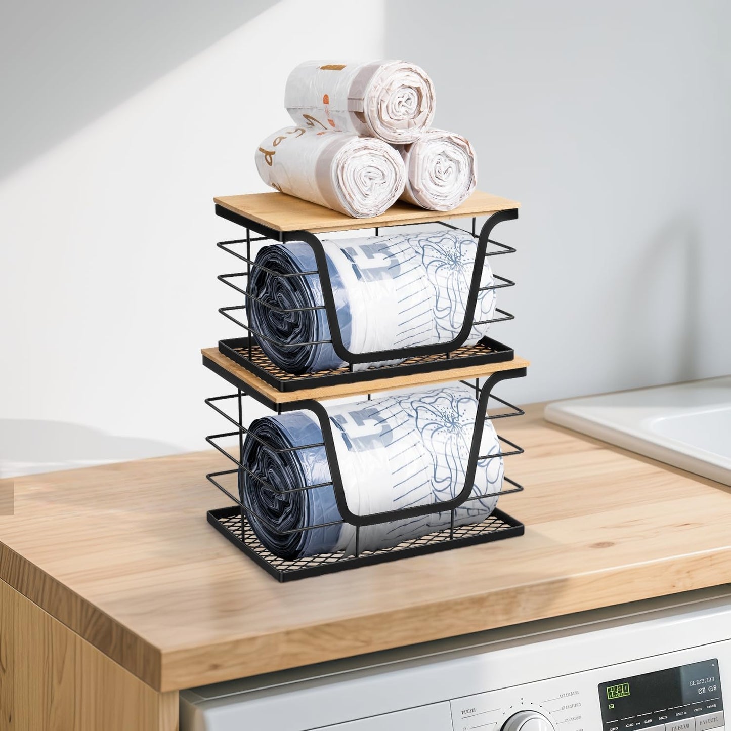 Wetheny 2 Pack Trash Bag Holder, Wall Mounted Garbage Bag Dispenser with Bamboo Top and Mesh Bottom, Stackable Storage for Kitchen Laundry Organization, Black