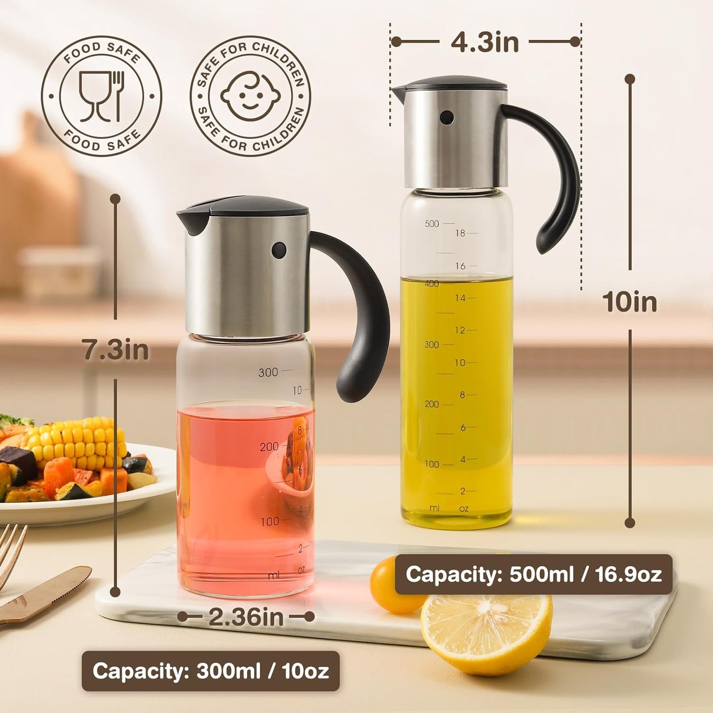 Vucchini Large Olive Oil Dispenser Bottle Kitchen Cooking Oil Dispenser Auto Flip Soy Sauce Container -Stainless Steel Leakproof Vinegar Glass Cruet (10 oz and 17 oz Set)