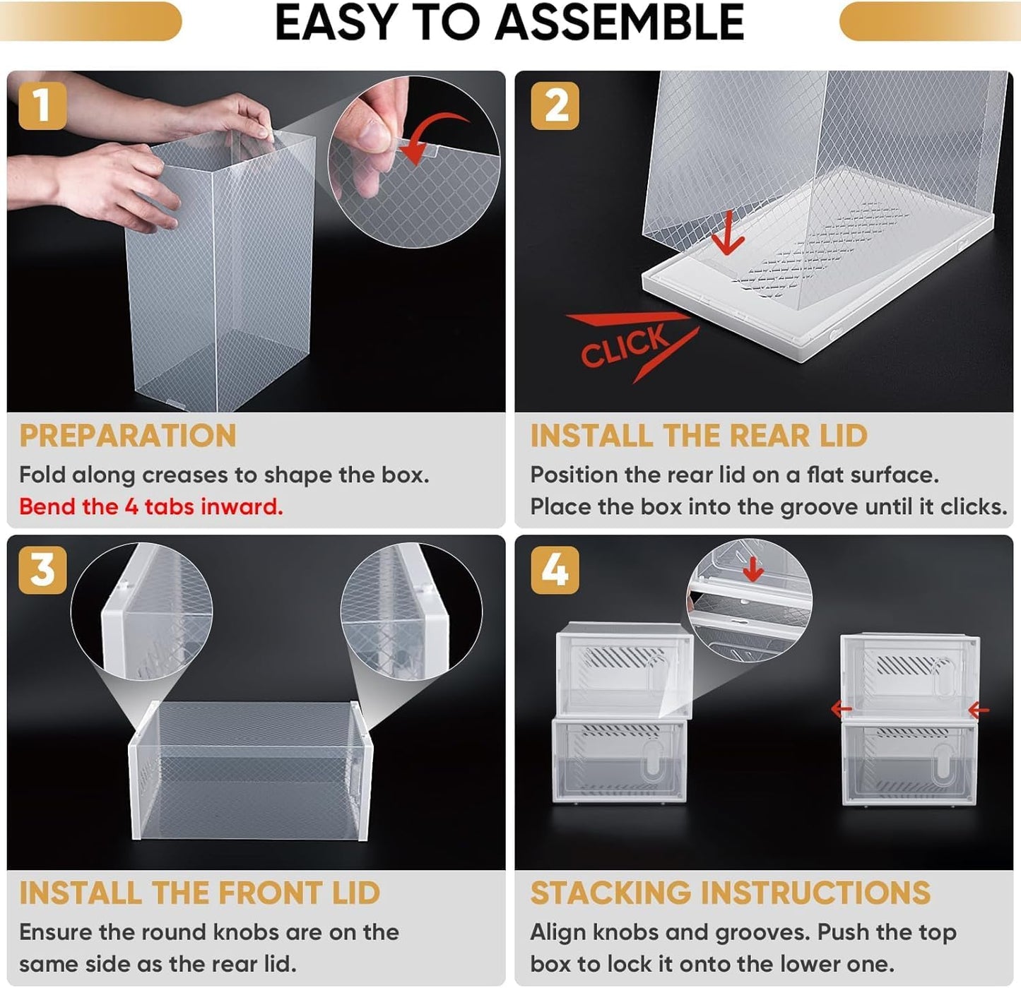 BALEINE 3 Pack Stackable Shoe Storage Boxes Fit Size 9, Thickened Clear Shoe Box Bins with Lids, Plastic Foldable Shoe Rack Organizer Sneaker Storage Containers (Large, White)