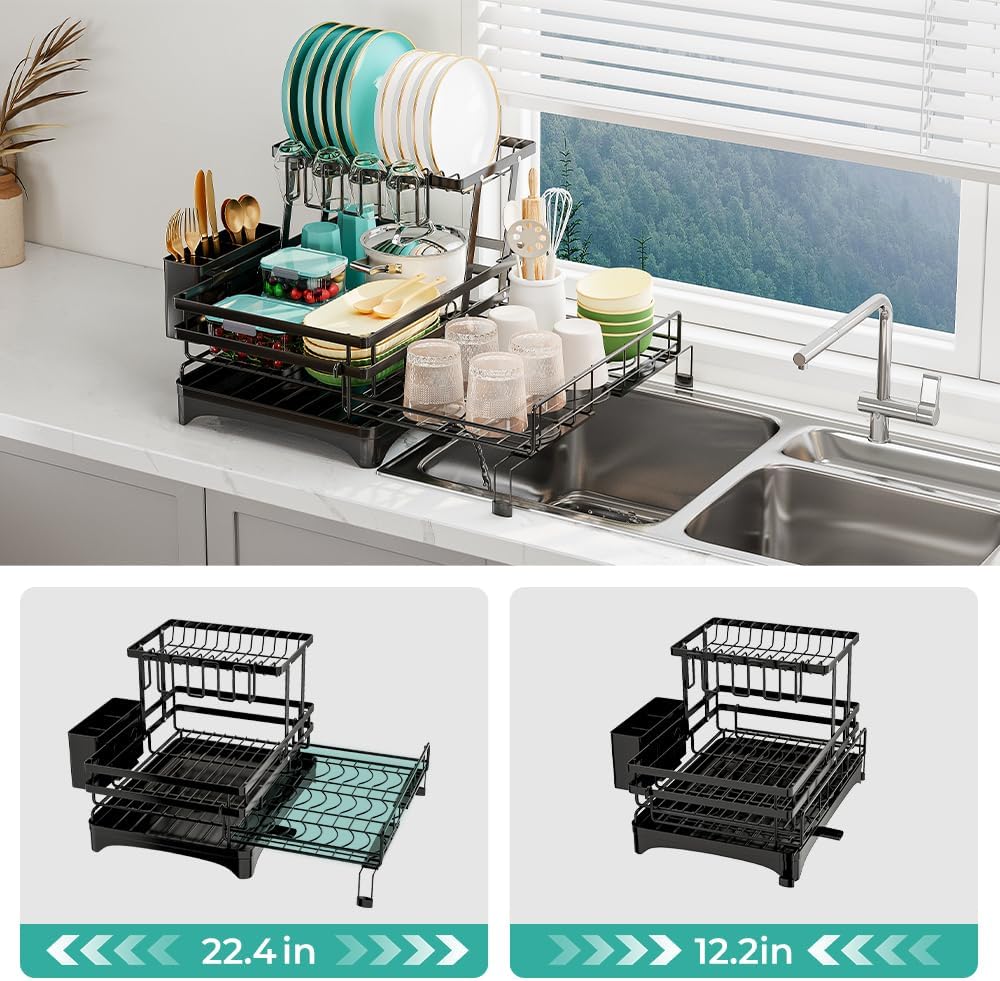 2 Tier Dish Drying Rack - Large Extendable Dish Rack, 2-in-1 Anti-Rust Stainless Steel Dishrack for Kitchen Counter and Sink, Dish Strainer with Utensil Holder & Cup Holder(Black)