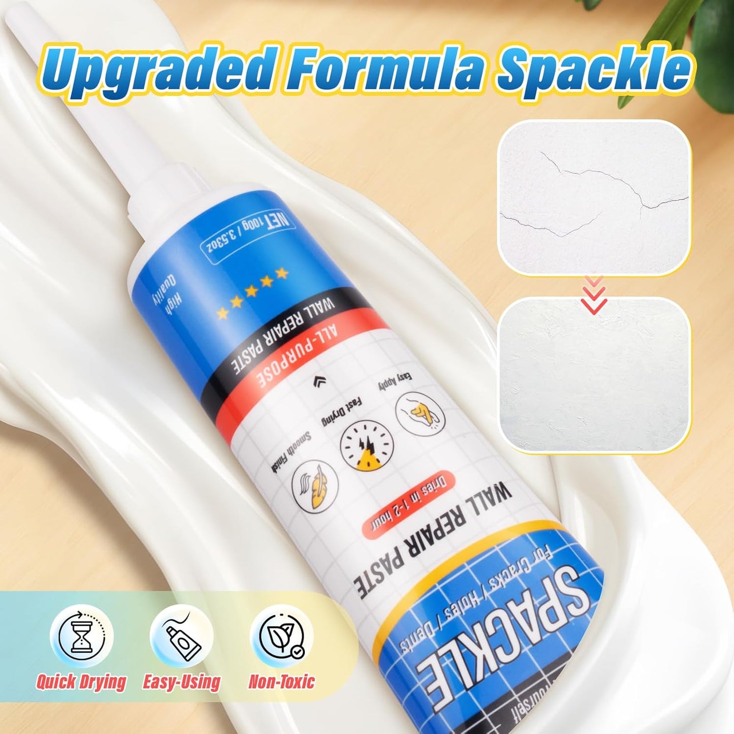 DIYSELF-Drywall-Repair-Kit-Fast-Drying, Wall Mending Agent, 9 Pack Spackle Wall Repair Kit with Putty & Scraper, 2×100g (7oz Total) White Wall Hole Filler for Drywall, Plaster and Home Use