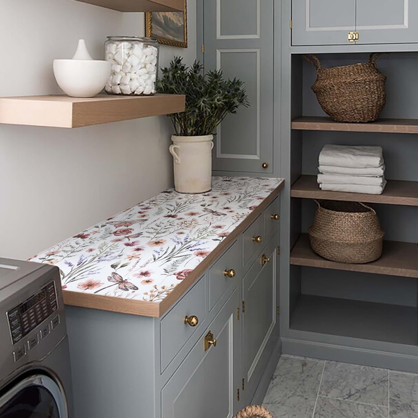 Floral Drawer and Shelf Liner for Kitchen Cabinets,16IN x 20FT Non-Adhesive and Strong Non-Slip Cabinet Drawer Liners for Kitchen Shelf, Waterproof Cupboard Liners,Easy to Clean