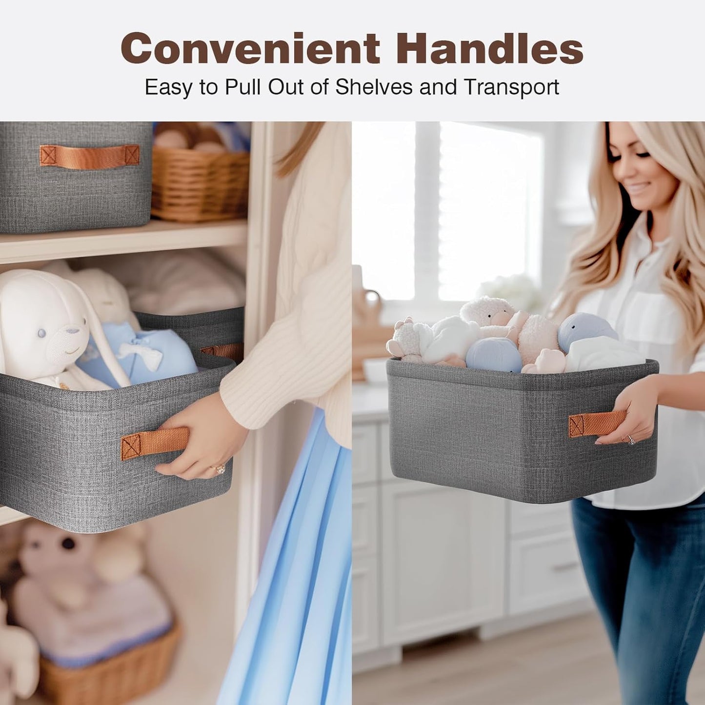 Large Storage Baskets for Shelves 3 Packs, Fabric Storage Bins for Shelves with Handles, 16.1'' L ×12.2'' W × 8.2'' H Collapsible Baskets for Organizing Clothes, Toy, Grey