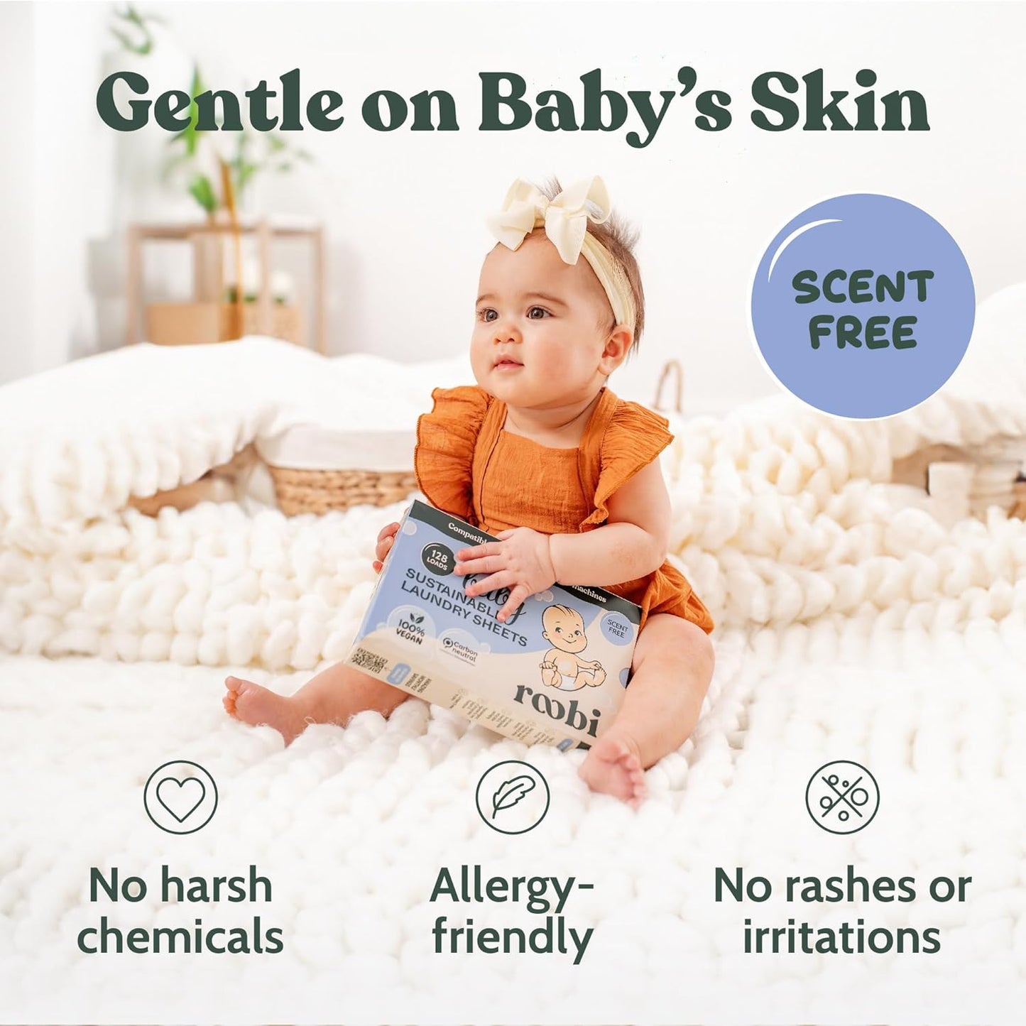 Roobi Baby Laundry Detergent Sheets. Specially Formulated for Sensitive Skin. Newborns, Infants & Toddlers Clothes. Unscented. Up to 128 Loads