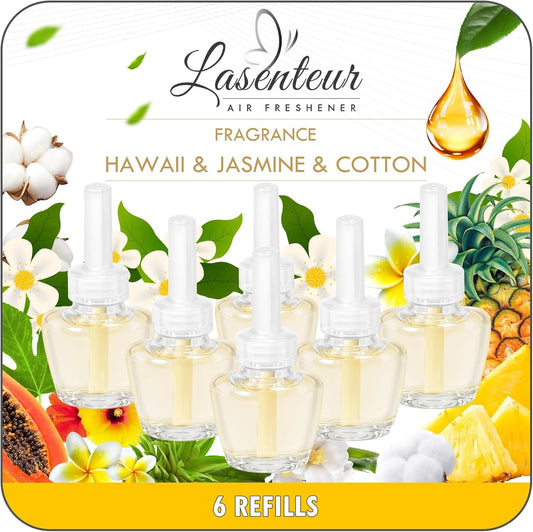 Plug-in Air Freshener Refills - Hawaiian Jasmine Cotton Scented Essential Oil Refills 6 Count Long-Lasting Fragrance - For Room and Bathroom, Compatible with Air Wick,Compatible with Glade