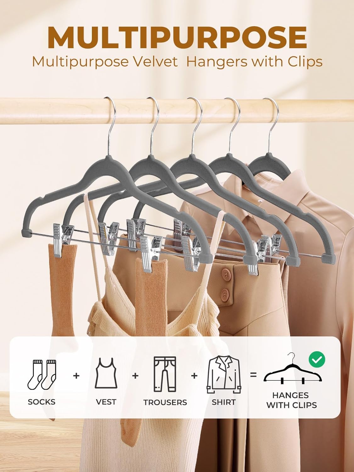HOUSE DAY Velvet Skirt Hangers 12 Pack, Gray Velvet Pant Hangers with Adjustable Clips, Space Saving Slim Shorts Hanger, Heavy Duty Non Slip Clip Hanger for Pants, Skirts, Shorts
