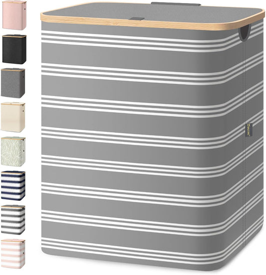 BALEINE Laundry Hamper with Lid, Tall Laundry Baskets with Bamboo Pull Handles, Large Laundry Bin with Internal Support (36 Gal/140L, Grey Pinstripe)