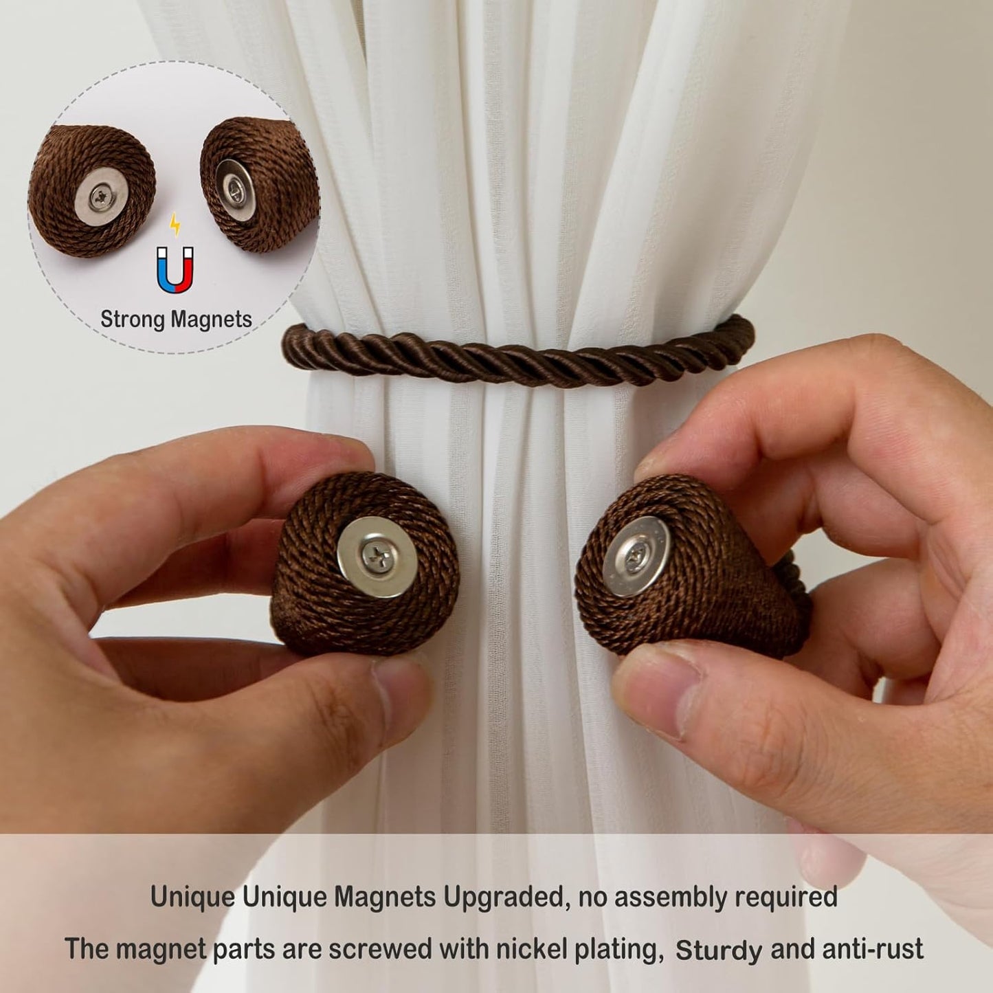 Magnetic Curtain Tiebacks 4 Pack Outdoor Rope Curtain Tie Backs Decorative Window Treatment Holdbacks for Home Decorative Curtain, Coffee