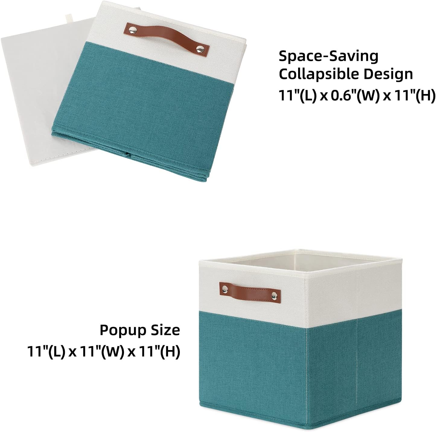 HNZIGE Fabric Storage Cube Bins Baskets for Organizing, 11 inch Cube Storage Bins, Set of 4, Collapsible Storage Bin with Handles, Closet Organizers and Storage Home Toy Nursery Bedroom(White Teal)