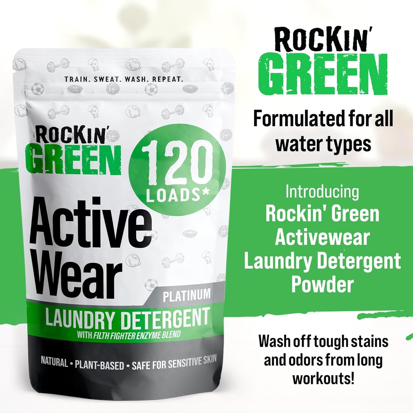 Rockin' Green Laundry Detergent, Plant based, All Natural Laundry Detergent Powder, Vegan and Biodegradable Odor Fighter, Safe for Sensitive Skin (Active Wear 120 Loads - Unscented)