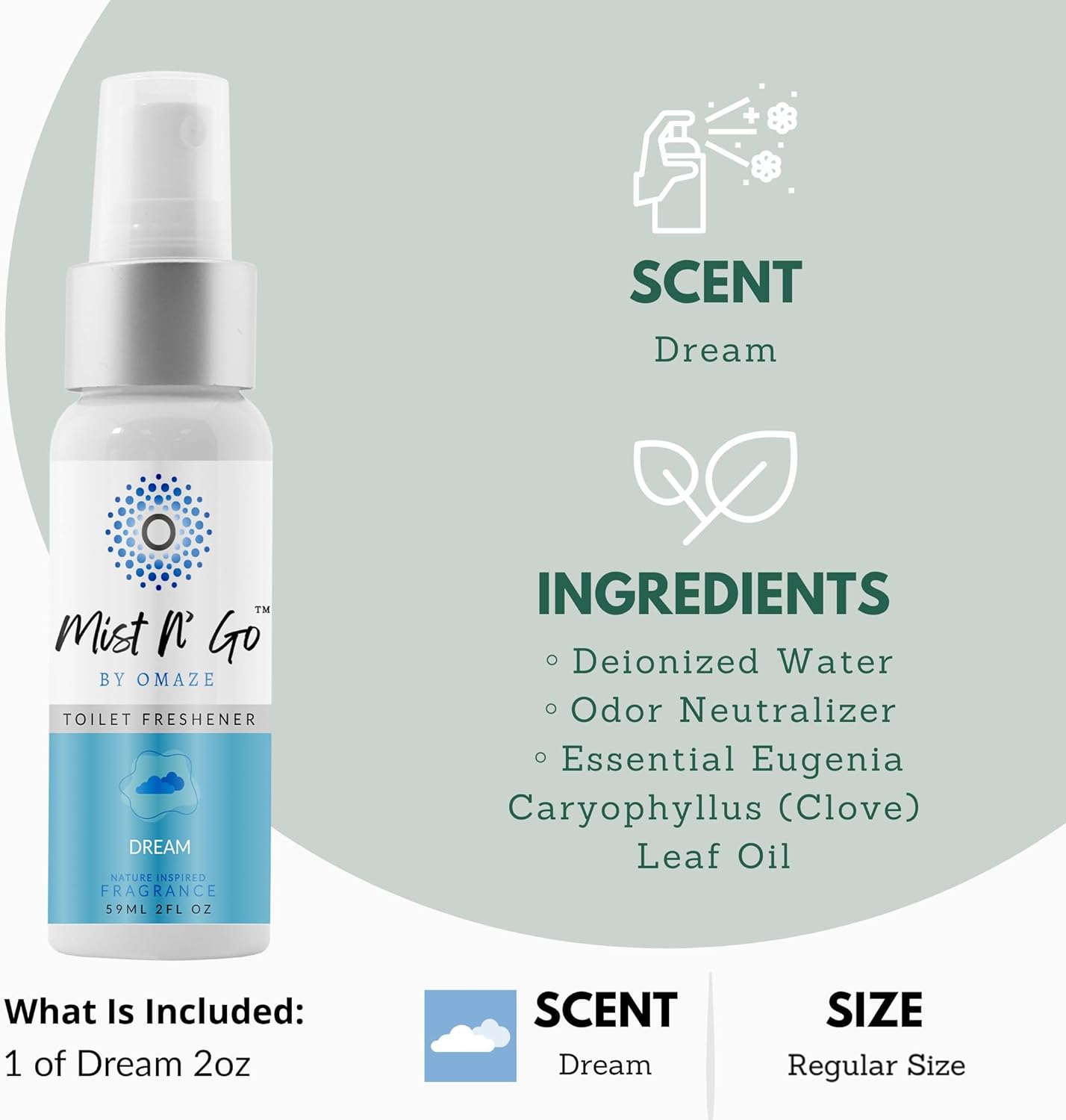 Mist N’ Go by Omaze Travel Bathroom Spray for Toilet Spray Odor Eliminator - Travel Toilet Spray for Bathroom Air Freshener Spray for Bathroom Deodorizer - Dream Regular Size (2oz x1)