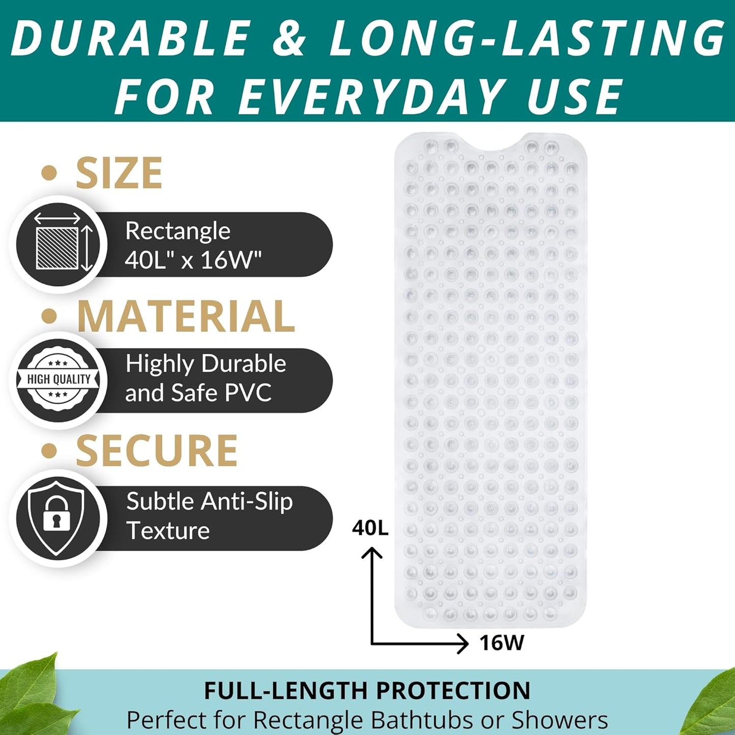 ENKOSI Bath Mat – 40 x 16 Inch Extra Long Non Slip Bathtub Mat – Anti Slip Clear Shower Mat with Suction Cups and Drain Holes – Bathroom Mat for Bath Tub and Smooth Shower Floors (40x16 Clear)