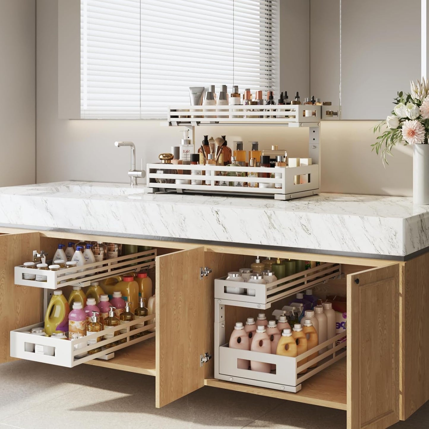 2-Pack 20.47"Deep Under Sink Organizer And Storage,2-Tier L-Shaped Pull Out Cabinet Organizer with Upgraded Slide Rails,Height Adjustable Drawers for Kitchen&Bathroom,Extra-Large Storage Shelves–White