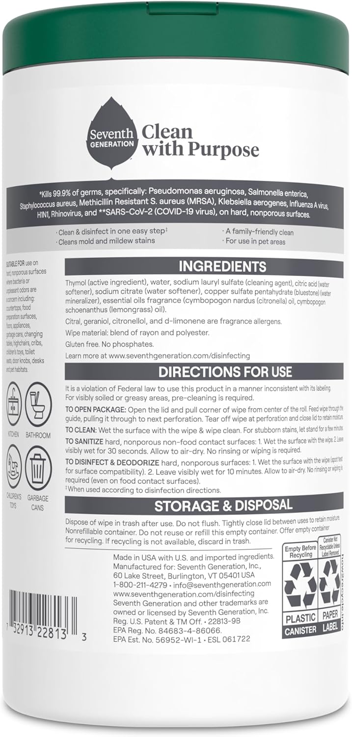 Seventh Generation Disinfecting Multi-Surface Wipes, Lemongrass Citrus, 70 Count, Pack of 3 (Packaging May Vary)