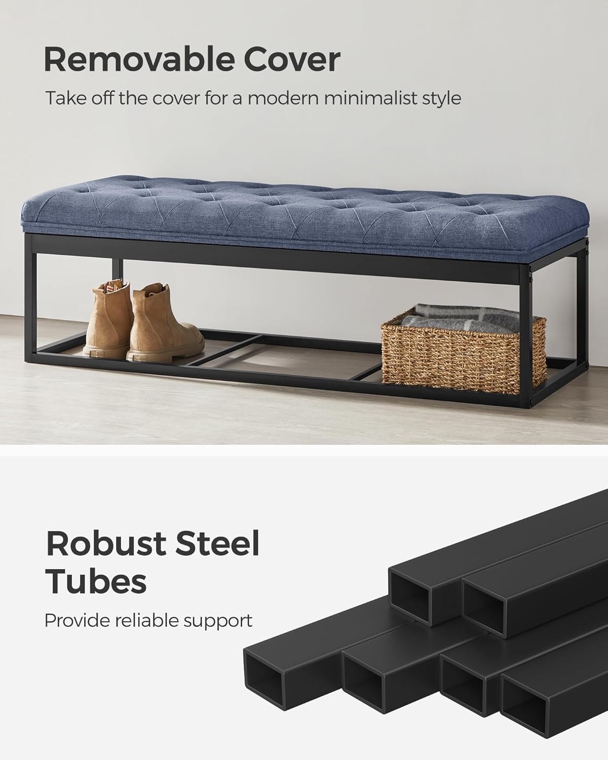 SONGMICS Storage Ottoman Bench, Foot Rest with Legs, 15.7 x 43.3 x 15.7 Inches, End of Bed Bench, Storage Chest, Load up to 660 lb, for Living Room, Bedroom, Entryway, Light Denim Blue ULSF088Q01