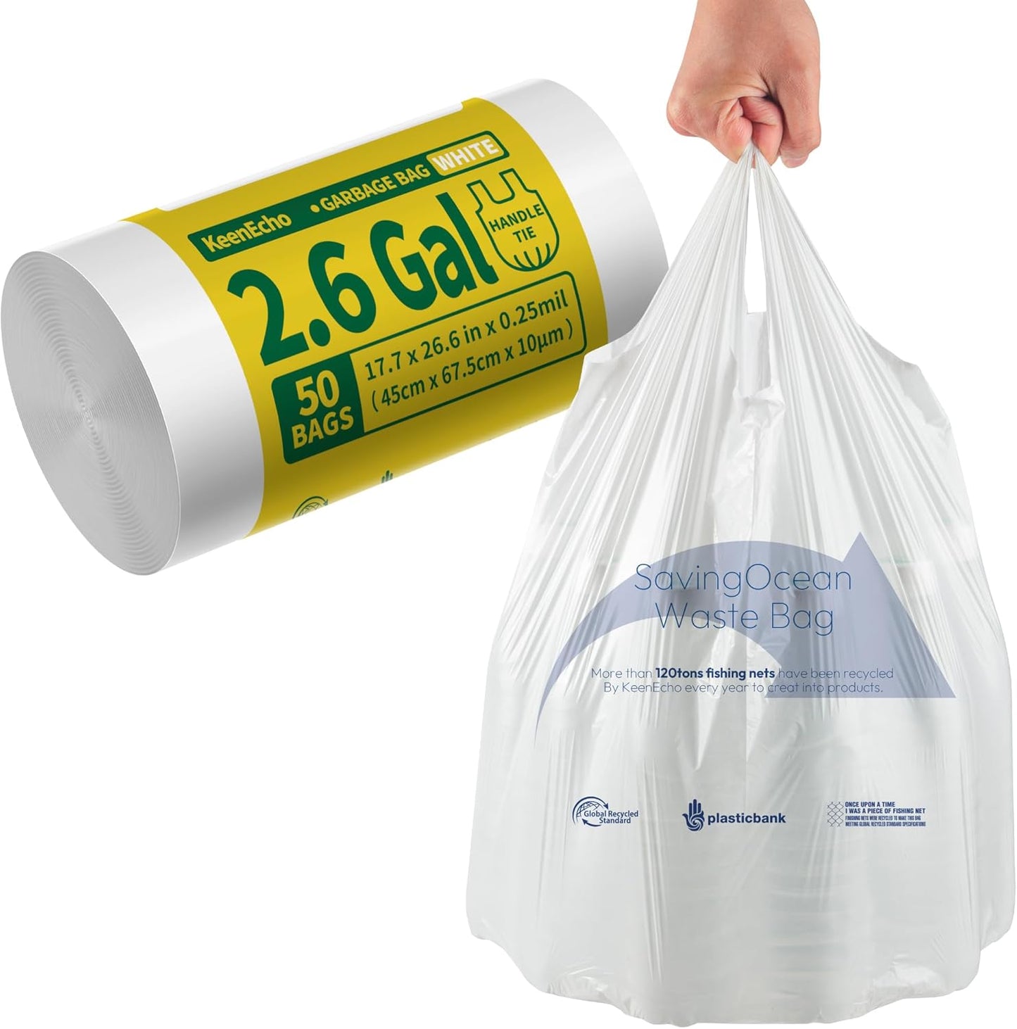 Small Trash Bags with Handles 2.6 Gallon 50 Count White - Ocean Plastic Upcycling - Plastic Garbage Bags, Can Bin & Waste Basket Liner for Kitchen, Bathroom, Office and Pets