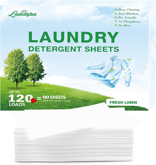 Laundry Detergent Sheet, Eco-Friendly & Hypoallergenic Wash Strips, Natural Ingredients, Ultra-Concentrated, Travel-Ready, No Plastic Jug- Fresh Scent, (120 Loads) 60 Sheets