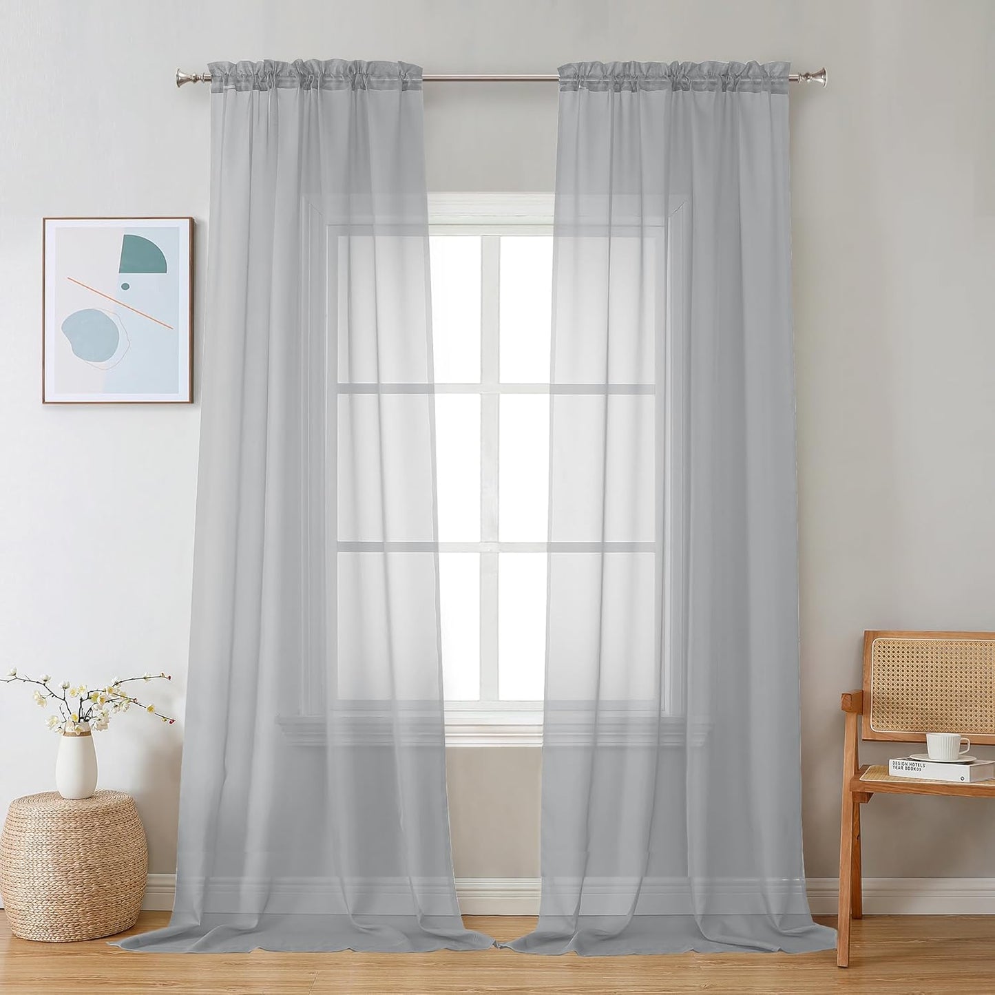 Chyhomenyc Sheer Light Grey Curtains 90 inches Long 2 Panels, Light Filtering Soft Airy Solid Elegant Voile Window Treatment Drapes for Bedroom Living Room Wedding Party Decor, 42 Wx90 L Inches