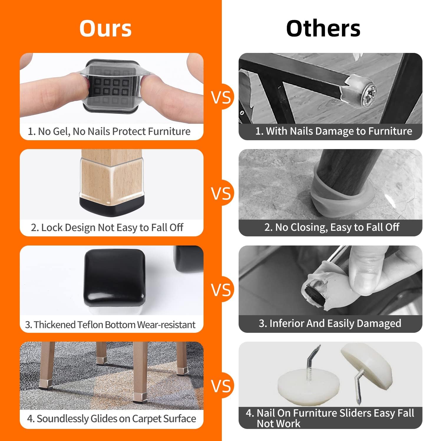 Ezprotekt 24 Pcs Chair Leg Sliders for Carpet, Square Clear Chair Glides Teflon Furniture Pads, Bar Stool Leg Protectors Caps for Rug - for Dining Table, Couch, Patio Legs (M Fit: 0.75" - 1")