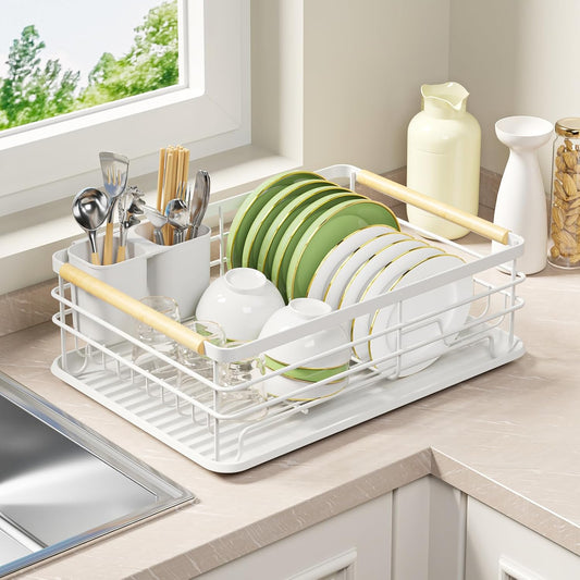 Dish Racks for Kitchen Counter: Wooden Handles, Thickened Metal, No Assembly. Small Dish Drying Rack: Ideal for Small Households. Drying Rack Kitchen: White