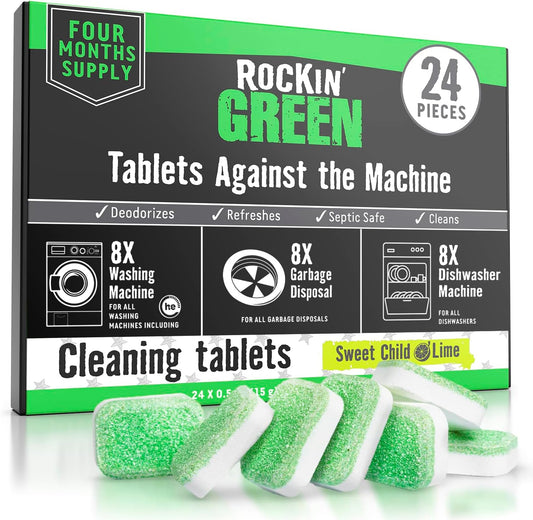 Rockin' Green Deep Cleaning and Deodorizing Tablets for Dishwashers, Washing Machines, and Garbage Disposals, Removes Odor and Residue (Multi-purpose Cleaning Tablets, 24 Pack)