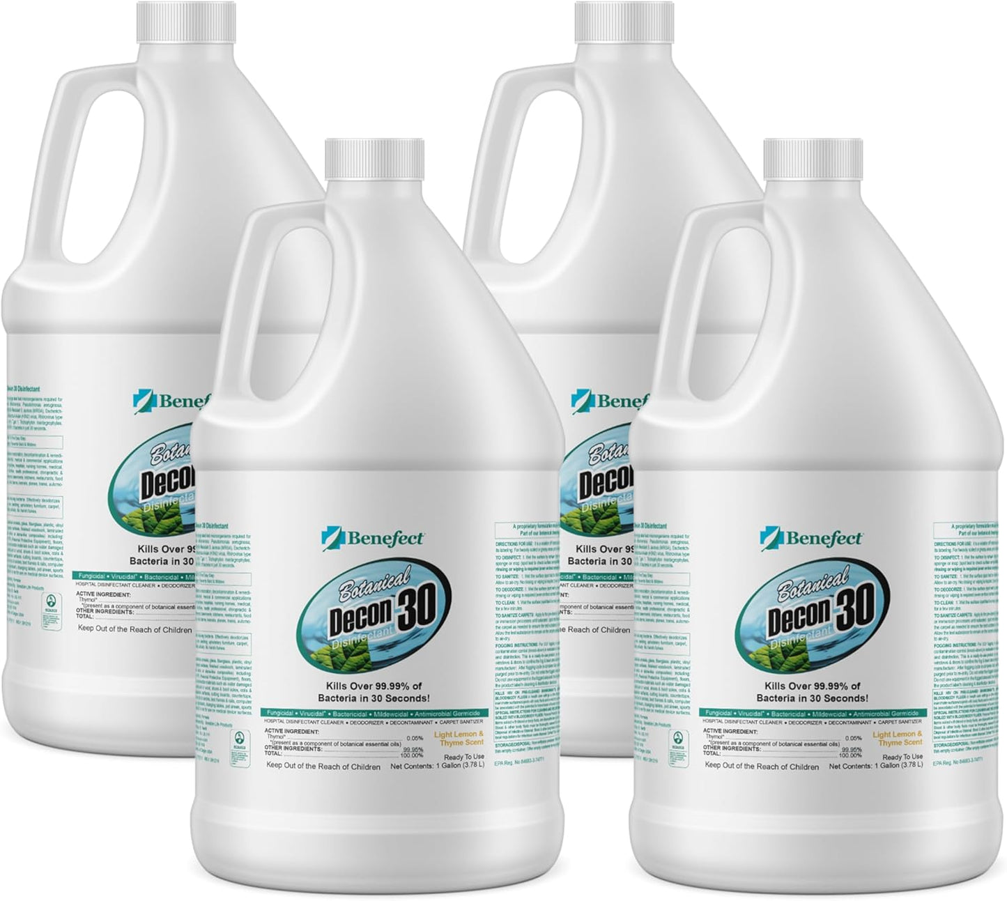 Benefect Botanical Decon 30 Disinfectant Cleaner - All Natural Formula for Effective Cleaning Power - Ideal for Restoration Jobs & Water Damage - 4 Gallons (4 Pack of 1-Gallons)