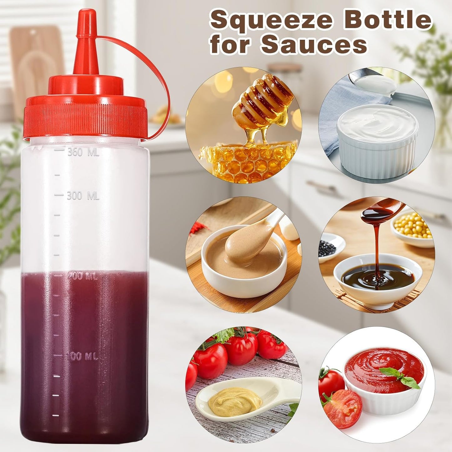 Condiment Squeeze Bottles Ketchup Dispenser, 4 Pack 12oz Squeeze Bottles for Liquids, Plastic Sauce Bottle with Cap Lid, Squirt Bottles for Sauces Liquids BBQ Dressing Pancake Art
