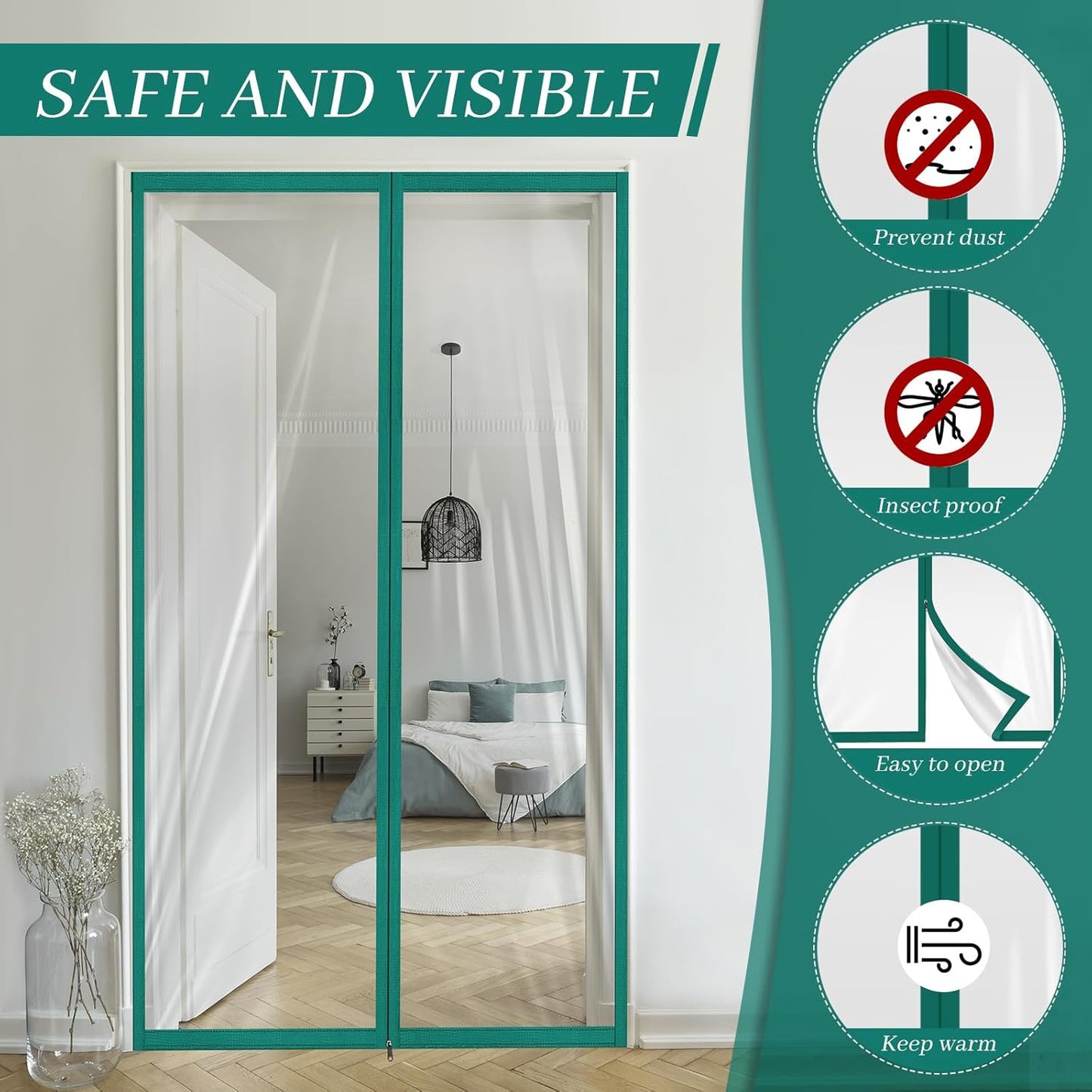 Amylove Zipper 48 x 87 Inch Dust Barrier Kit Green Edged Temporary Construction Door Barrier 4 x 7.25 ft Reusable Plastic Curtain Cover Containment Doorway Wall Screen Sheeting for Bathroom Hallway