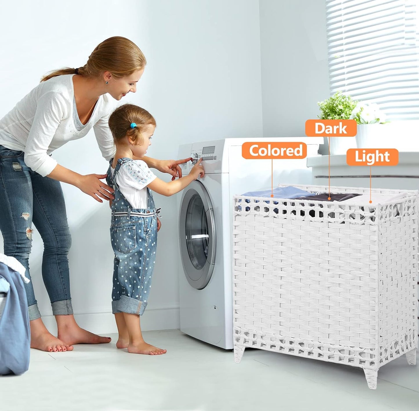 Laundry Hamper with 3 Removable Liner Bags; 132L Handwoven Rattan Laundry Basket with Lid & Heightened Feet; Clothes Hamper with Side Handles; Laundry Sorter with 3 Separate Sections (White)