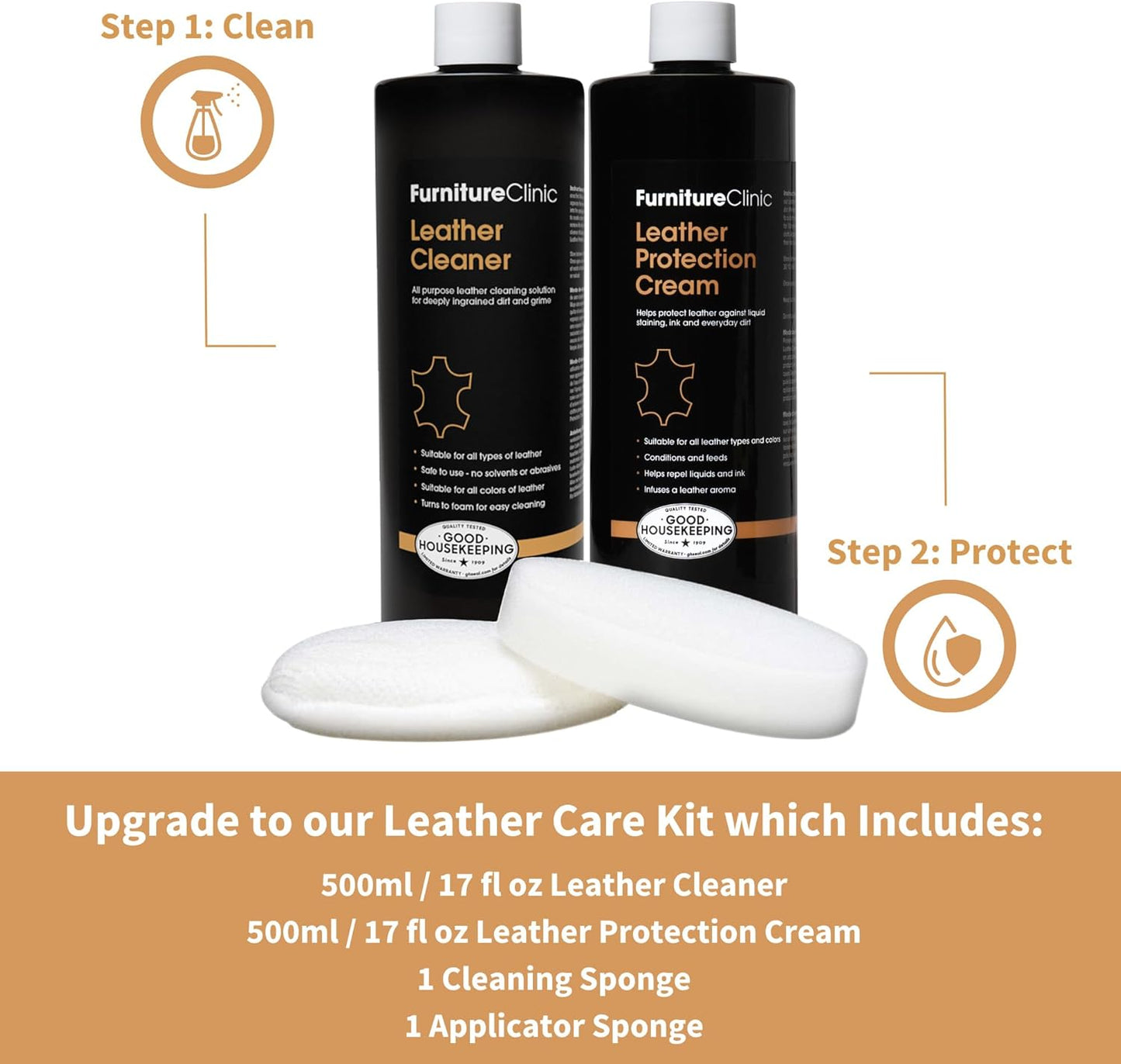 Furniture Clinic Leather Protection Cream | 2-in-1 Leather Conditioner & Waterproofing Protector for Furniture, Shoes, Car Seats & More | Prevent Stains While Nourishing | 8.5oz/ 250ml