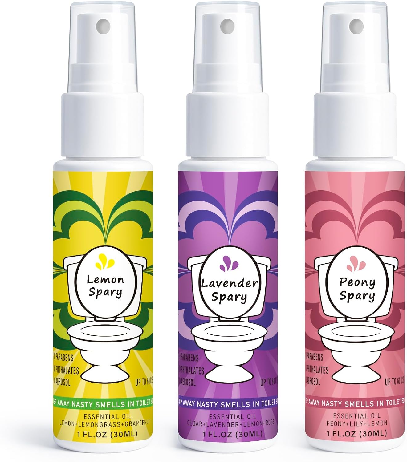 Toilet Spray for Poop 3 Pack, Travel Size Variety, Bathroom Odor Eliminator - Lemon Lavender Peony