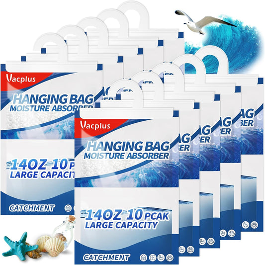 Vacplus Moisture Absorbers, Hanging Closet Dehumidifier Bags, Humidity Packs, Desiccant, Closet Dehumidifiers with Ocean Breeze Fragrance, 10 Pack, 14.0 OZ