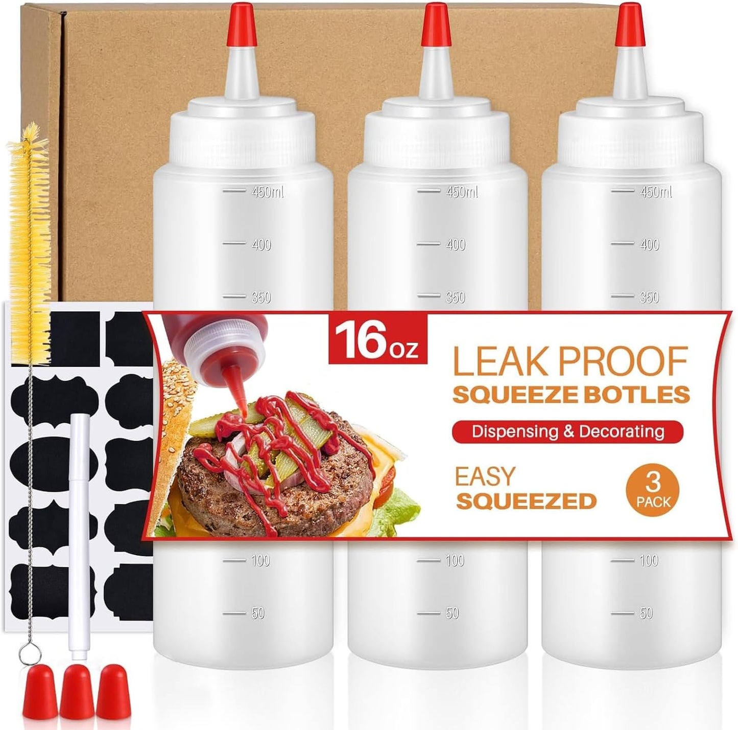 Squeeze Bottles, 16oz Leak-Proof Wide Mouth Condiment Squeeze Bottles for Liquids Sauces Ketchup Oil, 3 Pack