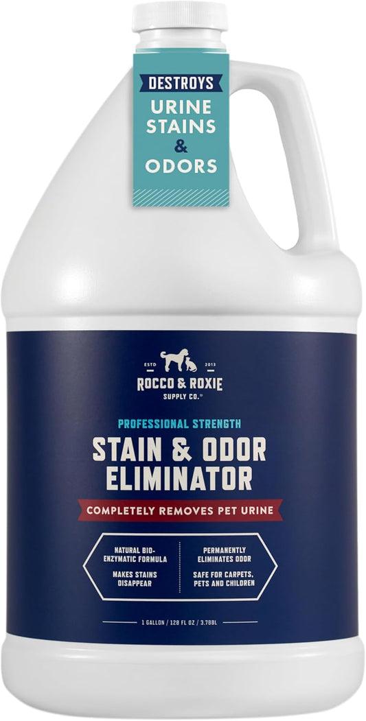 Rocco & Roxie Supply Co. Stain & Strong Odor Eliminator, Enzyme Cleaner, Pet Odor Eliminator for Home - Carpet Stain Remover for Cats & Dog Pee - Urine Destroyer - Carpet Cleaner Spray, 1-Gallon