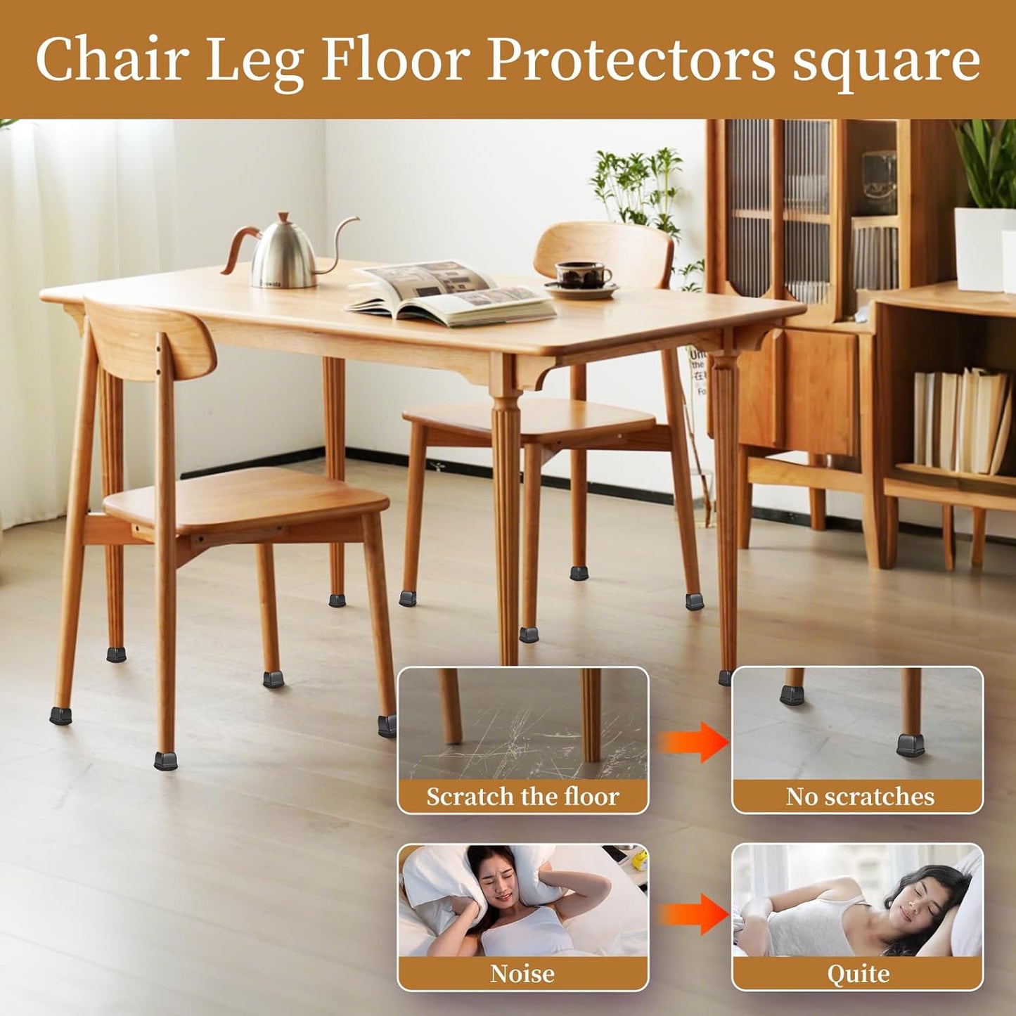 Square Chair Leg Floor Protectors Medium 24Pcs,Silicone Chair Leg Protectors for Hardwood Floors/Tiles,Black 360°Wrapped Felt Bottom to Prevent Scratch and Reduce Noise