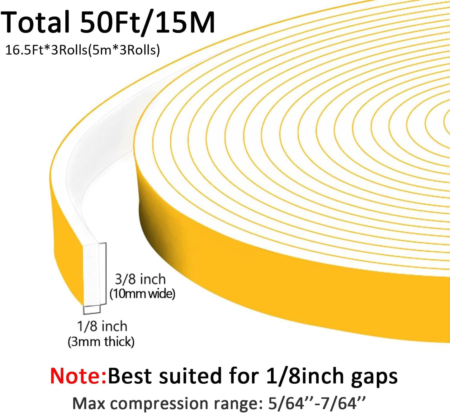Strong Adhesive Weather Stripping Door Seal Strip Insulation Tape Roll for Insulating Door Frame, Window, Air Conditioner Soundproof Foam Sealing Strip, White(3/8 in x 1/8 in x 50Ft)