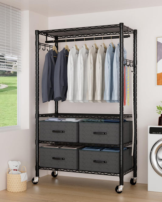 Clothes Rack, Heavy Duty Clothing Rack for Hanging Clothes, 4-Tier Adjustable Closet Organizer with 4 Drawers | Hanging Rod | Side Hooks | Load 445lbs | 15.7" D x 35.4" W x 74.1" H