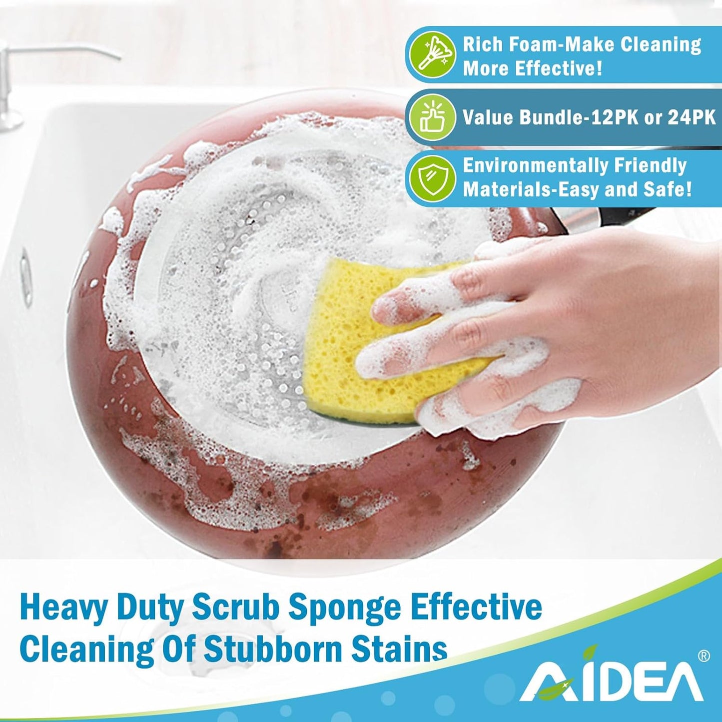 AIDEA Sponges Heavy Duty-12Count, Sponges Kitchen, Sponge for Dishes, Scrubbing Power for Tough Messes, Cleaning Sponge for Everyday Jobs for Dishes, Pots, Pans