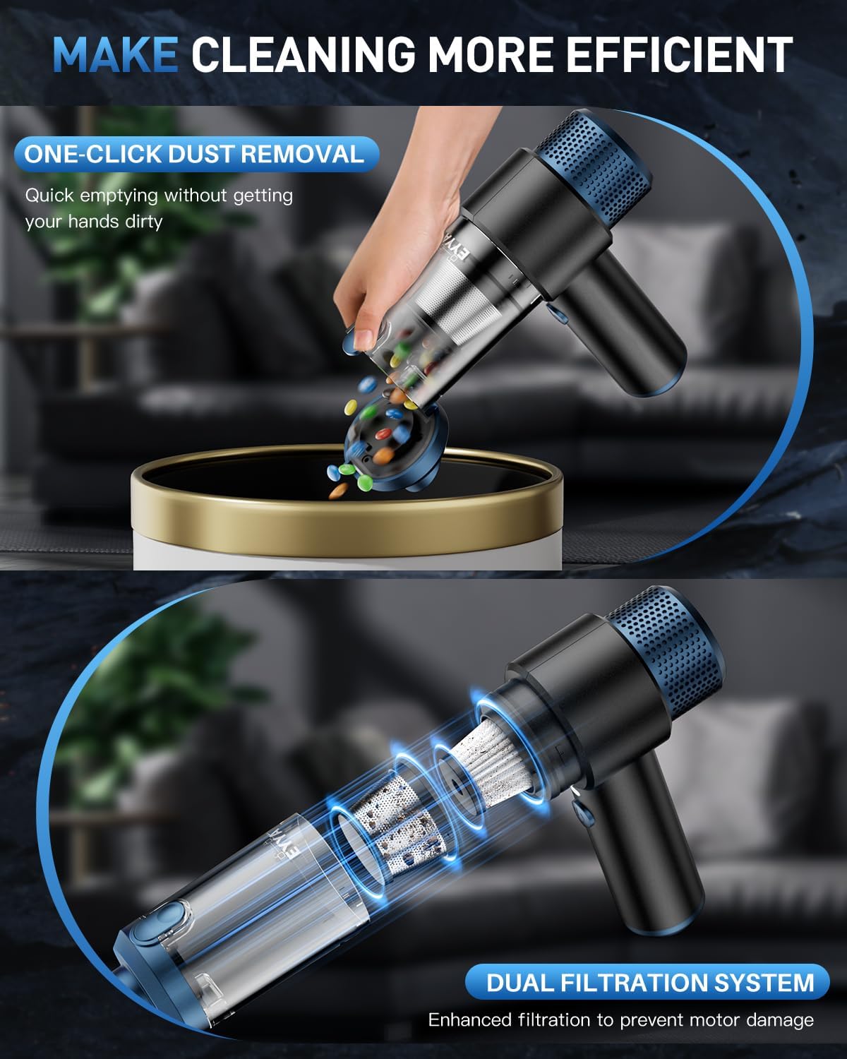 EYYA Handheld Car Vacuum Cleaner Cordless, 15000PA High Power Vacuum & Air Duster, 4-in-1 Portable Mini Vacuum with LED Light, Hand Held Vacuum Cleaner for Car Home Office