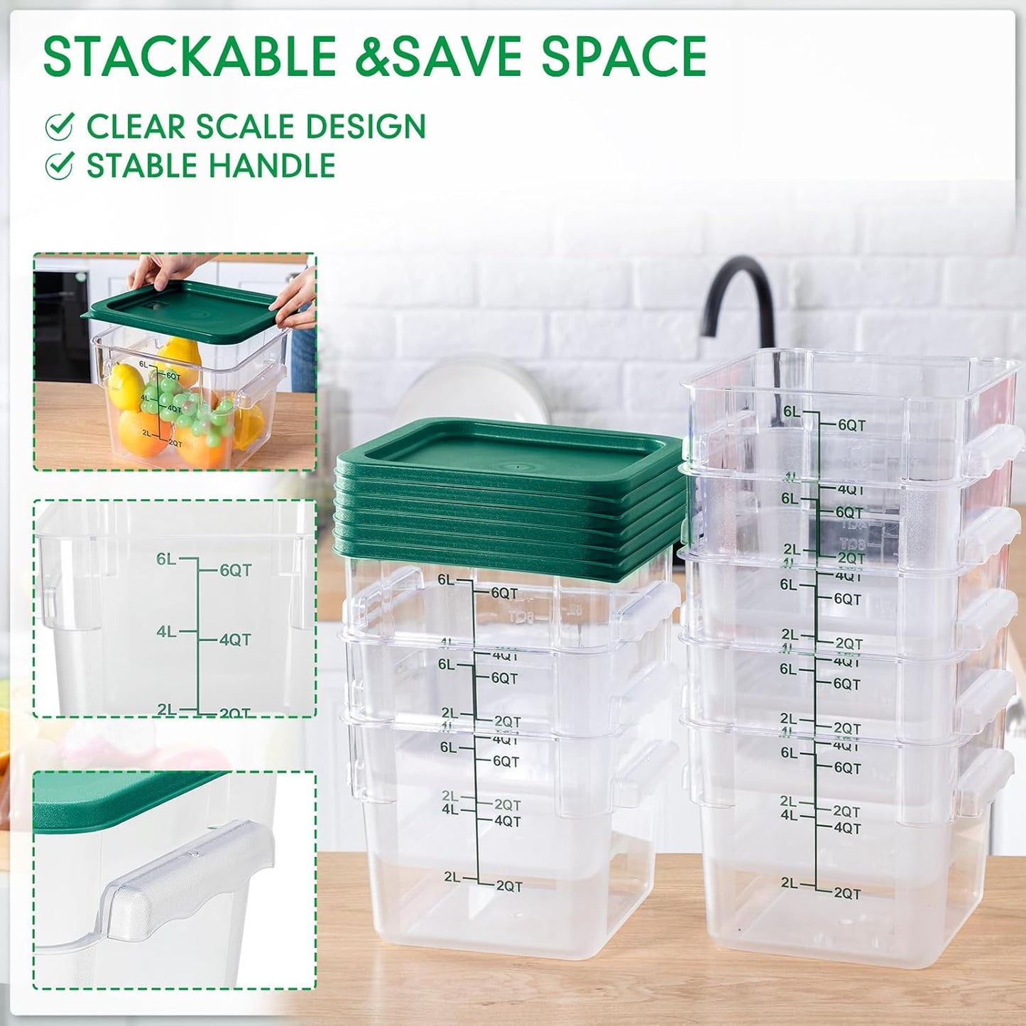 Lallisa 8 Pack 6 Qt Commercial Food Storage Containers with Lids Square Food Storage Container Clear Cereal Storage Containers for Kitchen Freezer Pantry Restaurant Flour Sugar(Green Lids)