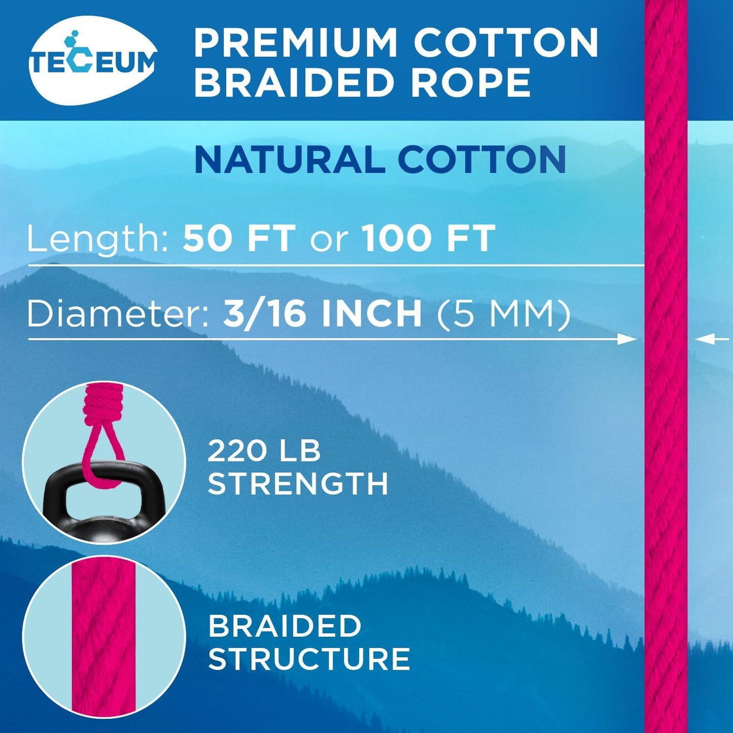 TECEUM Cotton Rope 3/16” (5 mm) – 100 FT – Strong All-Purpose Braided Rope – Natural Cotton – for Crafting, Сamping, Clothes Line, DIY, Indoor & Outdoor Use – Bright Pink