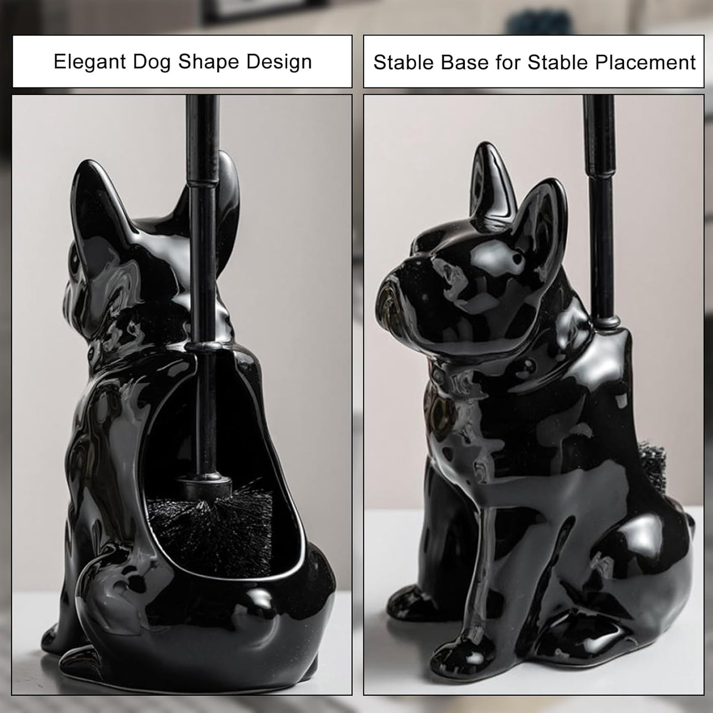 Comeon Ceramic Dog White/Black Toilet Brush and Holder Set, Plastic Handled Scrub Brush for Bathroom Cleaning,13.7"*6.3" (Black)