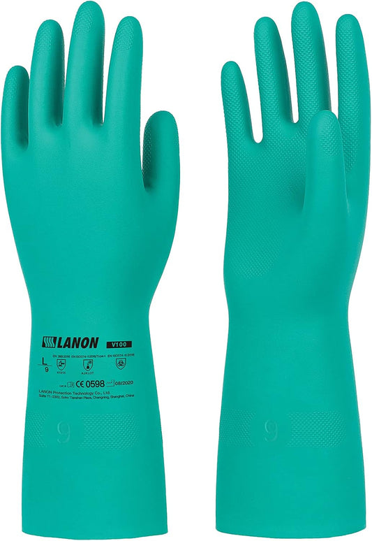 LANON 3 Pairs Nitrile Chemical Resistant Gloves, Reusable Heavy-Duty Rubber Gloves, Acid, Alkali & Oil Protection, Non-Slip, XL