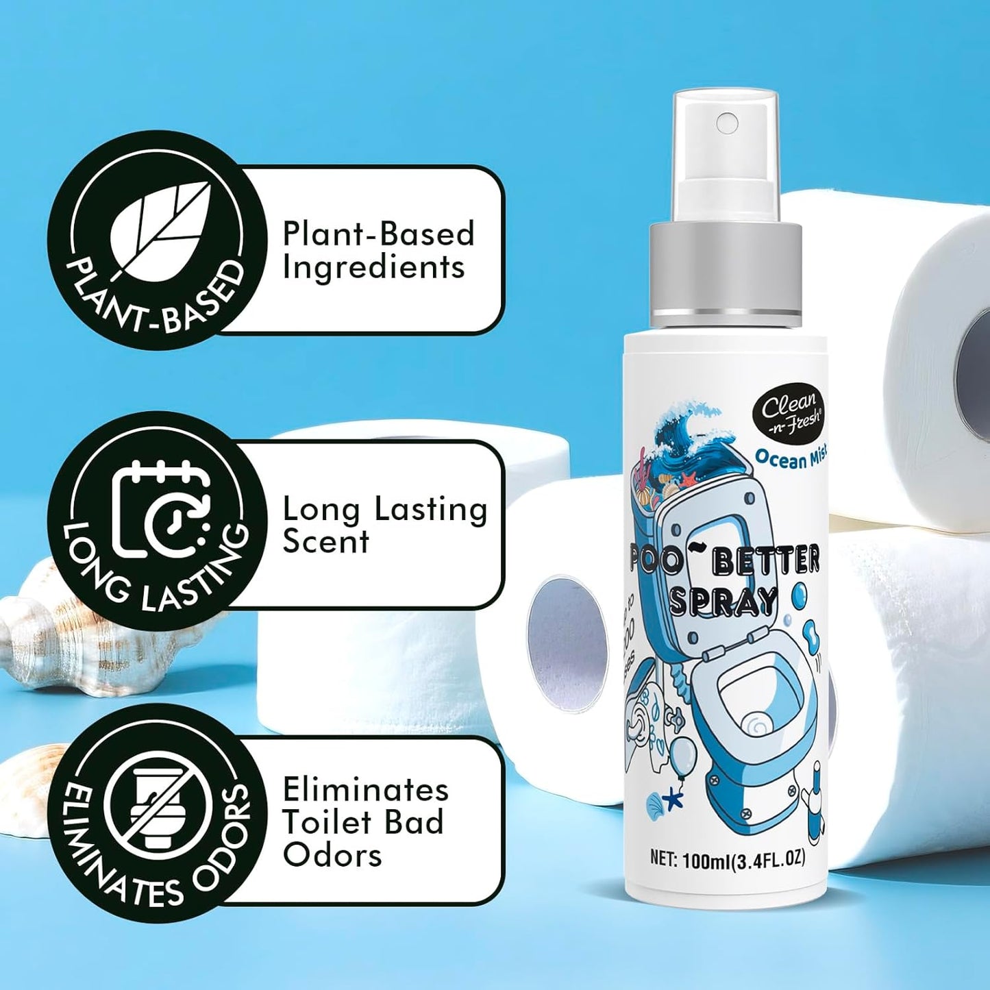 Clean-n-Fresh Toilet Spray, Ocean Mist, Air Freshener Bathroom Spray, Toilet Bathroom Odor Deodorizer, 6.8 Fl.Oz - Sea Salt, Jasmine & Bergamot