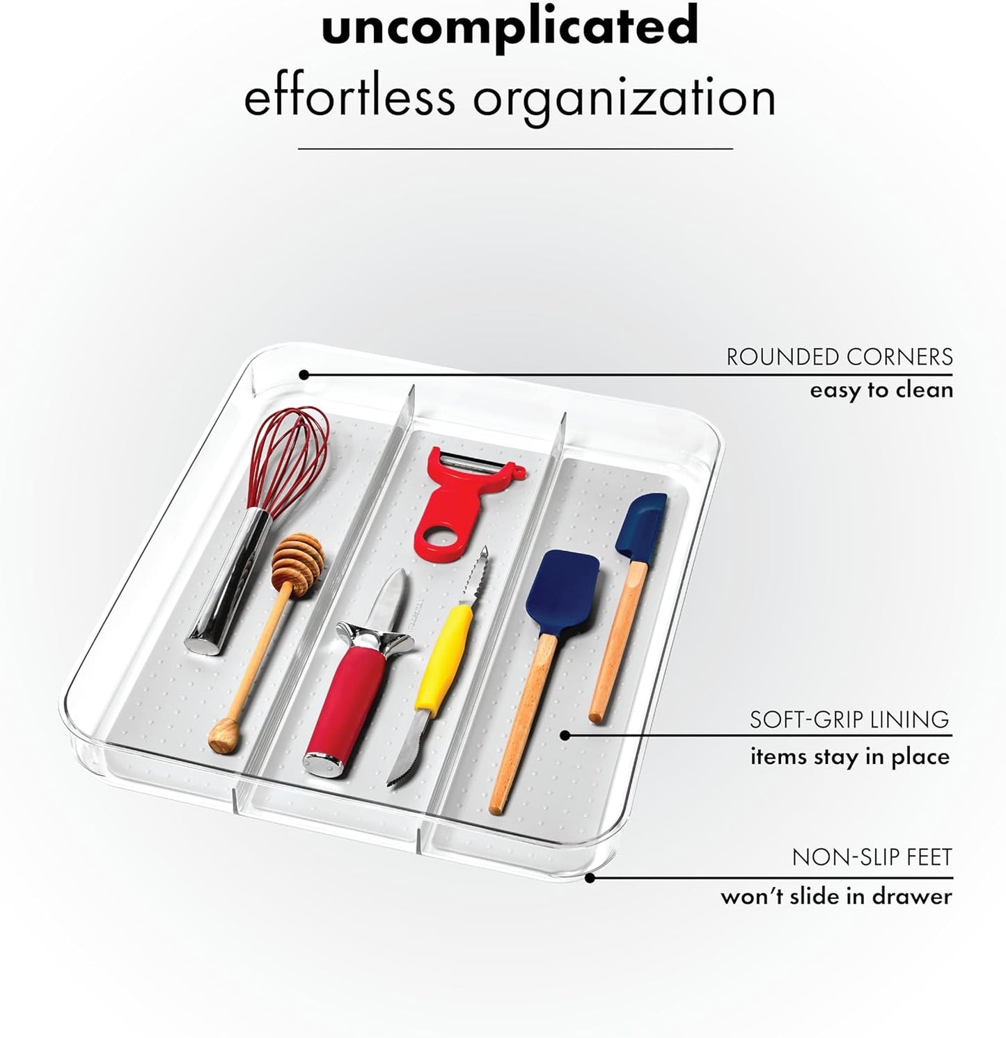 madesmart Utensil Tray - Large | Light Grey | Clear Soft Grip Collection | 3-compartment | Soft-grip Lining | Non-slip Feet | BPA-free