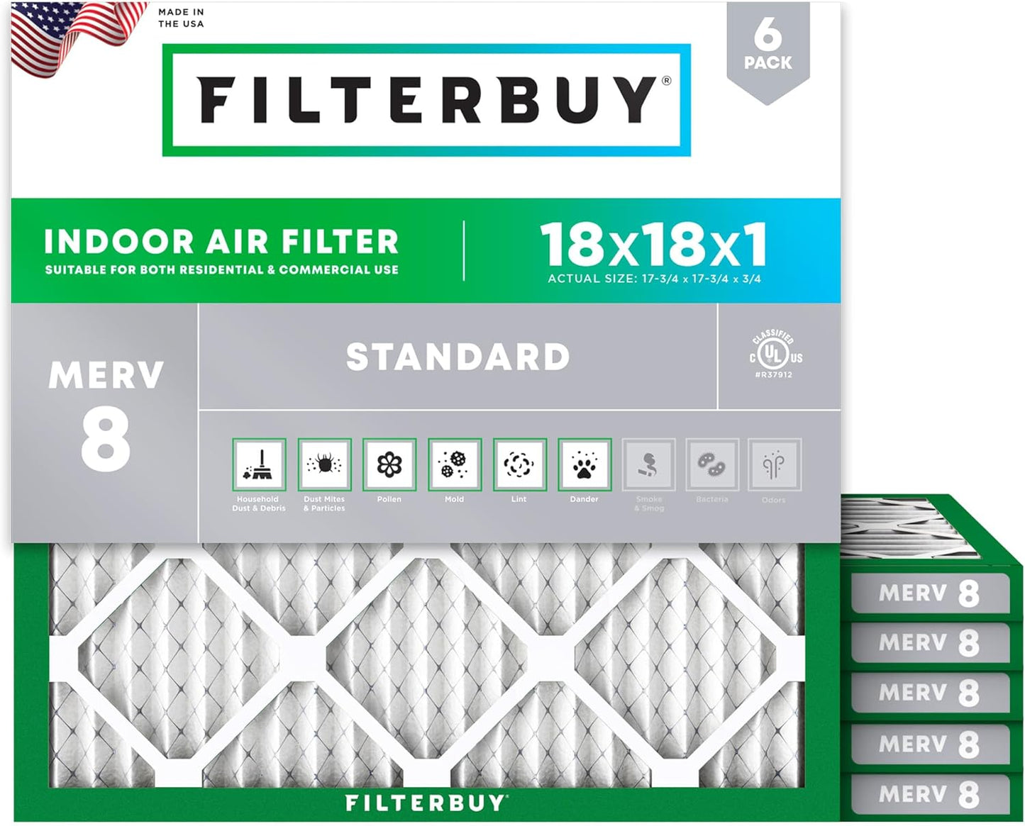 Filterbuy 18x18x1 Air Filter MERV 8 (MPR 700) Dust Defense Replacement (6-Pack), Electrostatic Pleated HVAC AC Furnace Filters, Made in USA (Actual Size: 17.75 x 17.75 x 0.75)