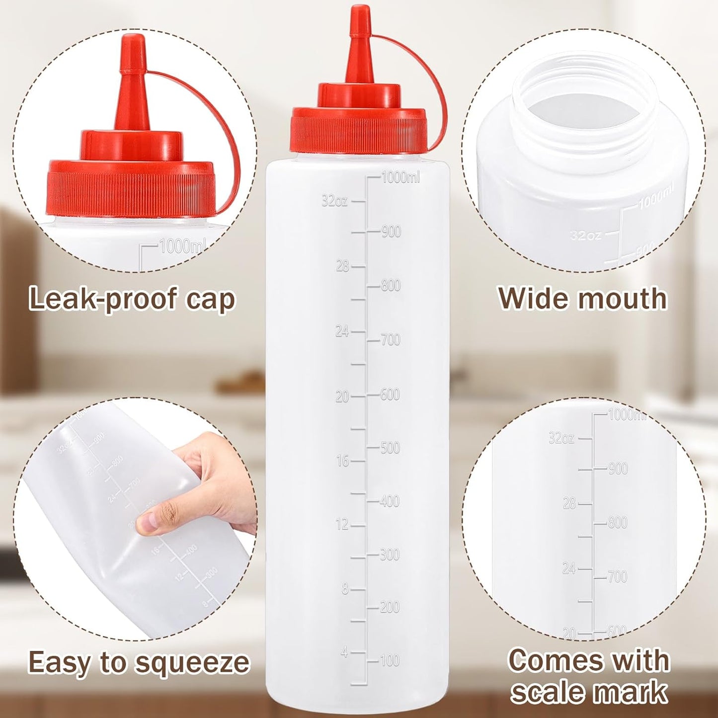 Condiment Squeeze Bottles Ketchup Dispenser, 6 Pack 32oz Squeeze Bottles for Liquids, Plastic Sauce Bottle with Cap Lid, Squirt Bottles for Sauces Liquids BBQ Dressing Pancake Art
