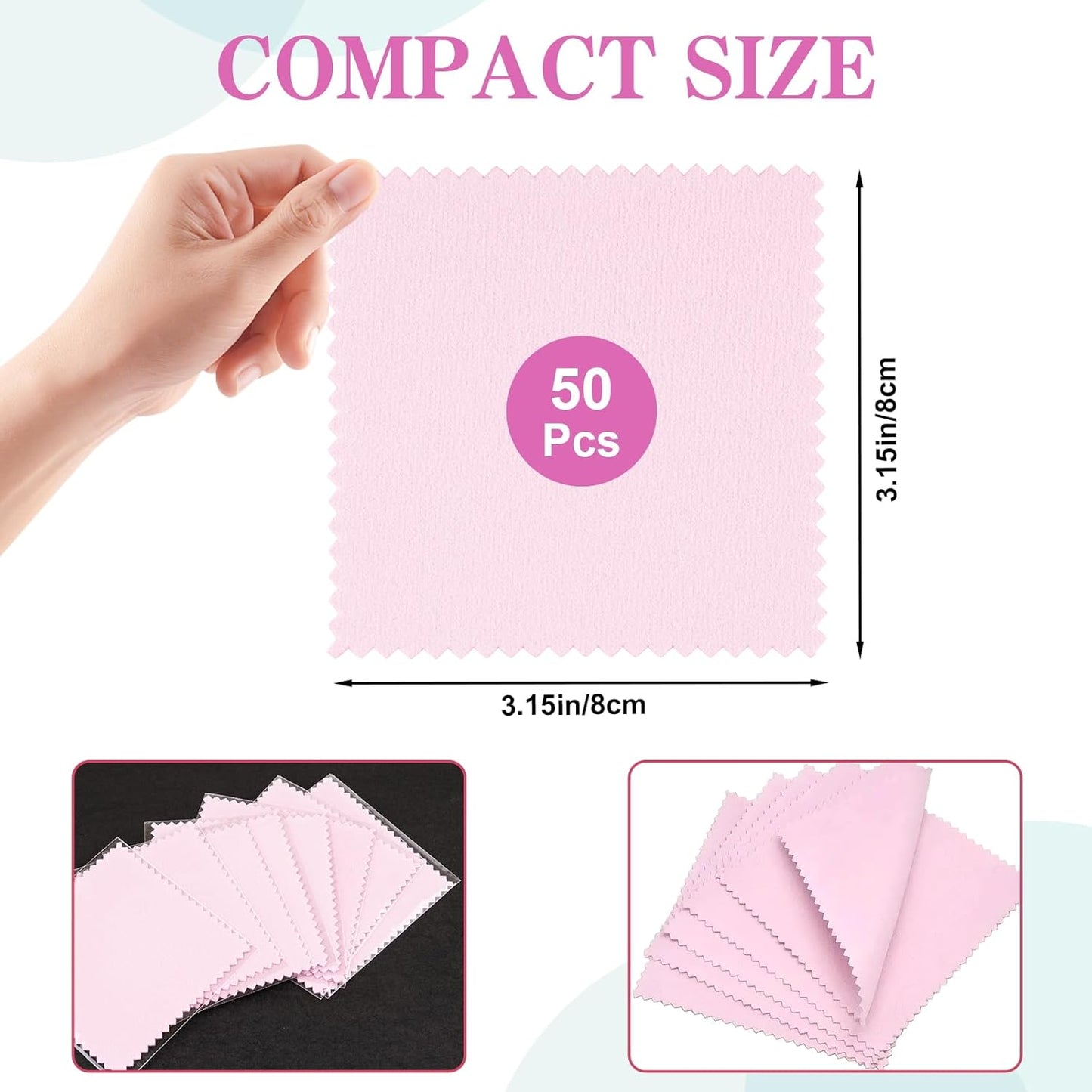 50 Pack Jewelry Polishing Cloth, 3.15" x 3.15" Pink Cleaning Cloths, Small Silver Cleaning & Polishing Cloth for Jewelry, Individually Wrapped.