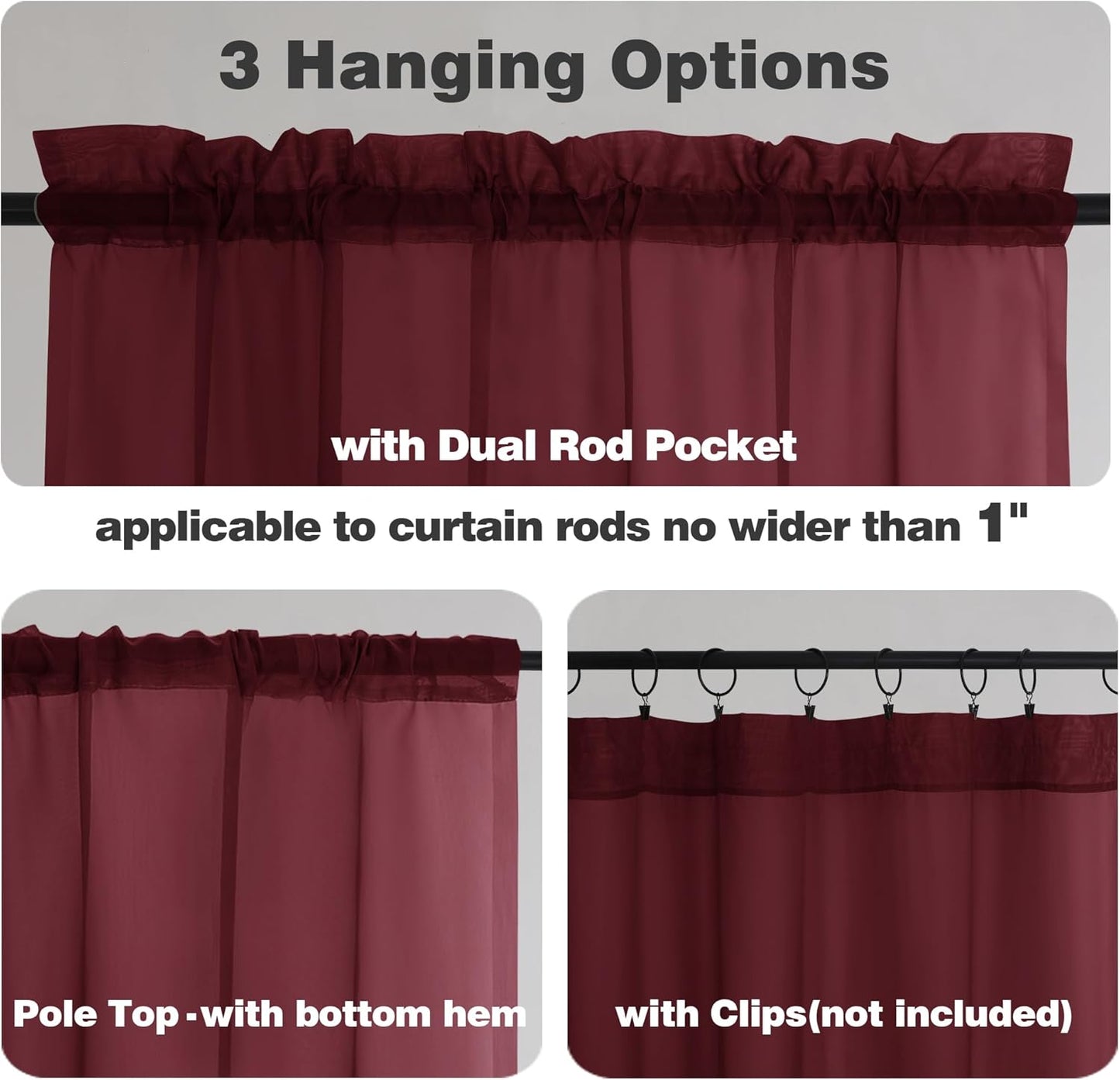 Chyhomenyc Burgundy Sheer Curtains 63 Inches Long 2 Panels Set, Light Filtering Voile Window Drapes for Bedroom Living Room, 42Wx63L Inch, Burgundy, 2PCS