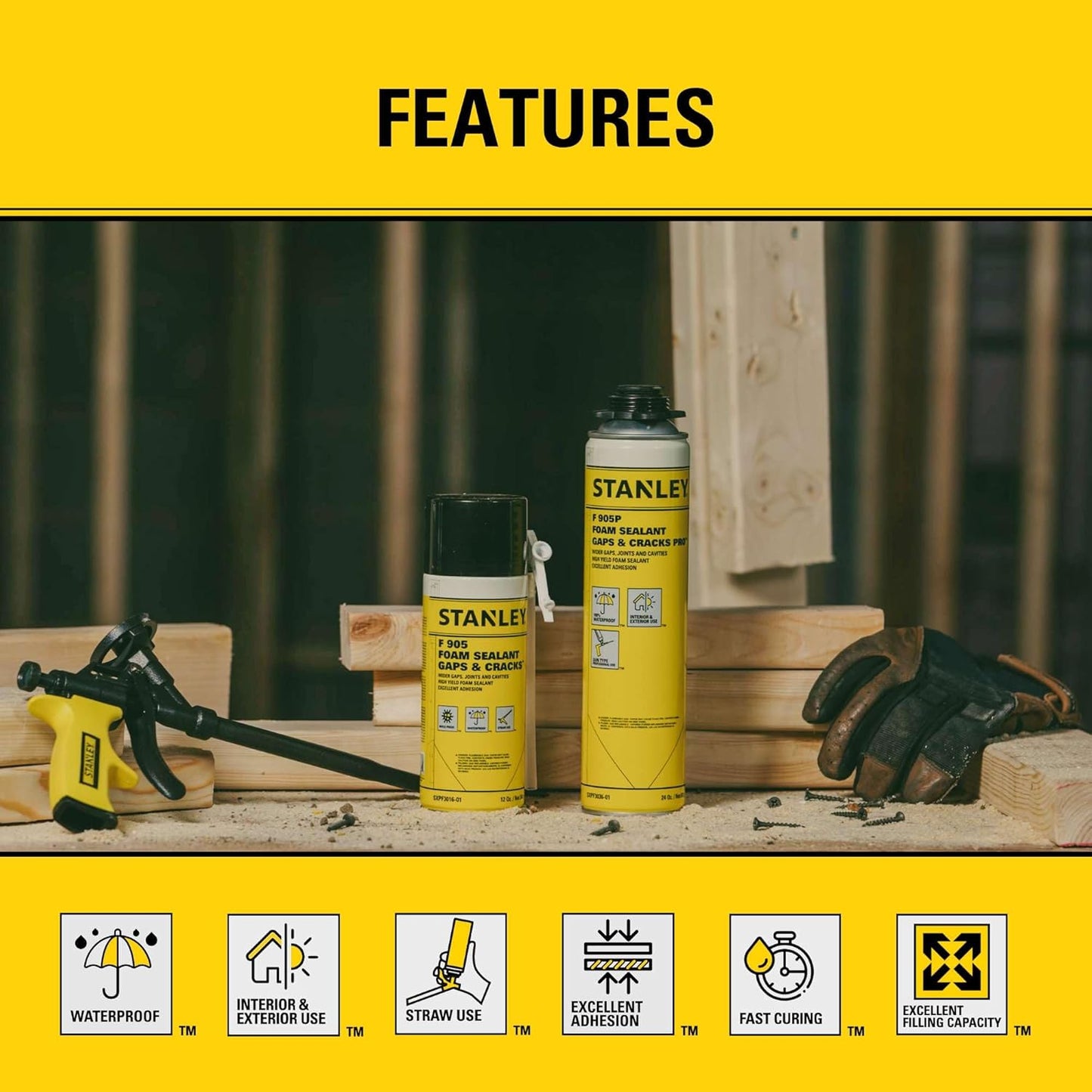 Stanley F905 Gaps & Cracks Sealant (1x12 Oz.) – Polyurethane Spray Foam Insulation for Window & Door, Waterproof Gap Filler, Low Expansion Foam for Indoor & Outdoor Use | Straw Use | 12 Oz. 1 Pack